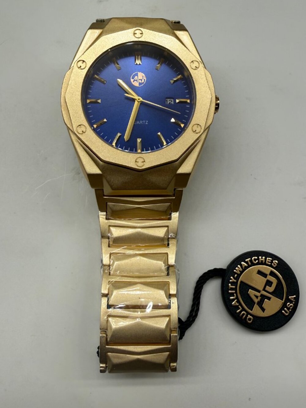 AJ Quality Watches USA Men's 45mm Matte Gold Blue Bezel Quartz Watch NWT